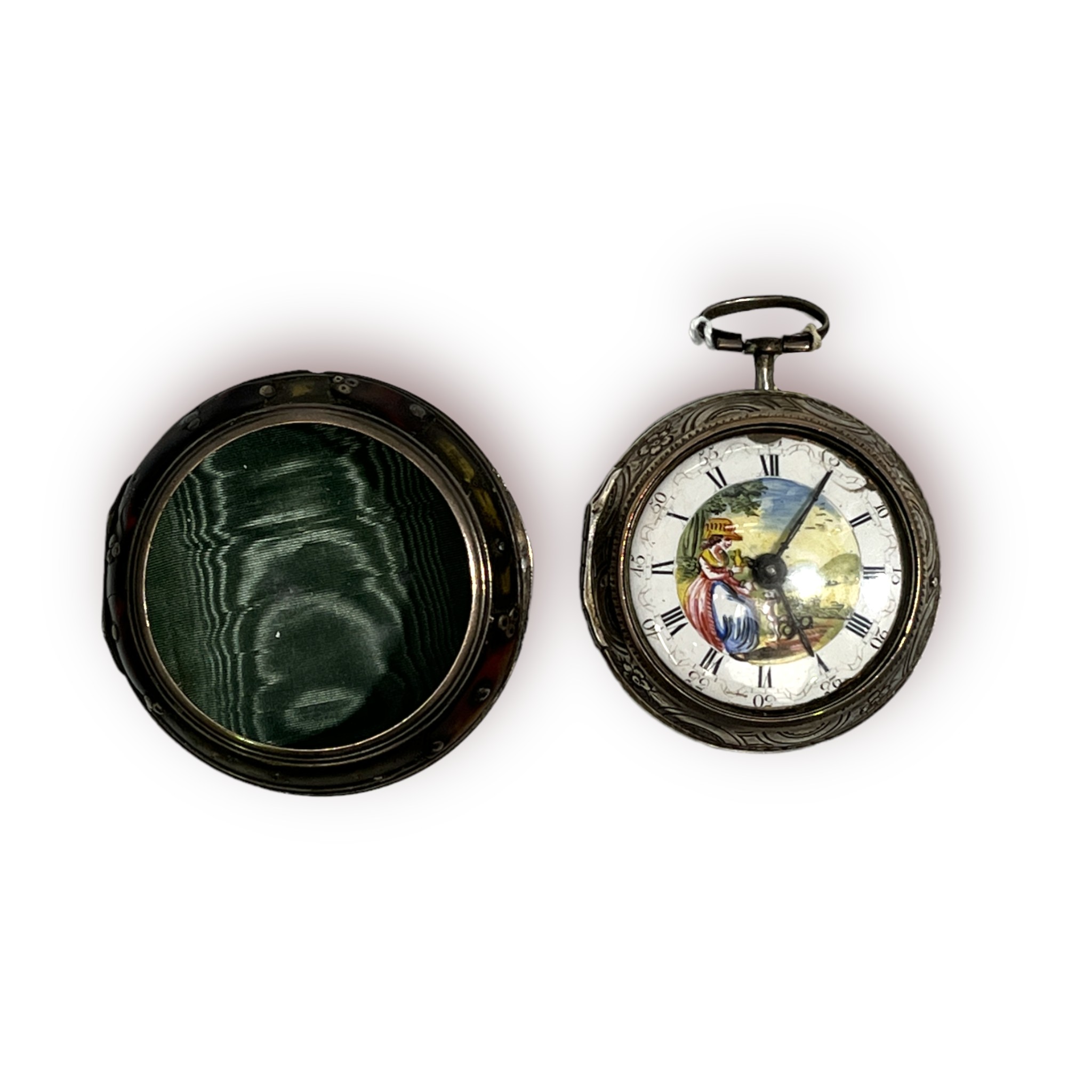 An 18th century, silver pair-case, verge pocket watch, the enamel dial with central portrait of a - Image 3 of 4