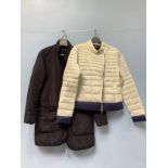 Two various ladies Armani Jeans, being a short quilted cream jacket, sixe 48, and long black quilted