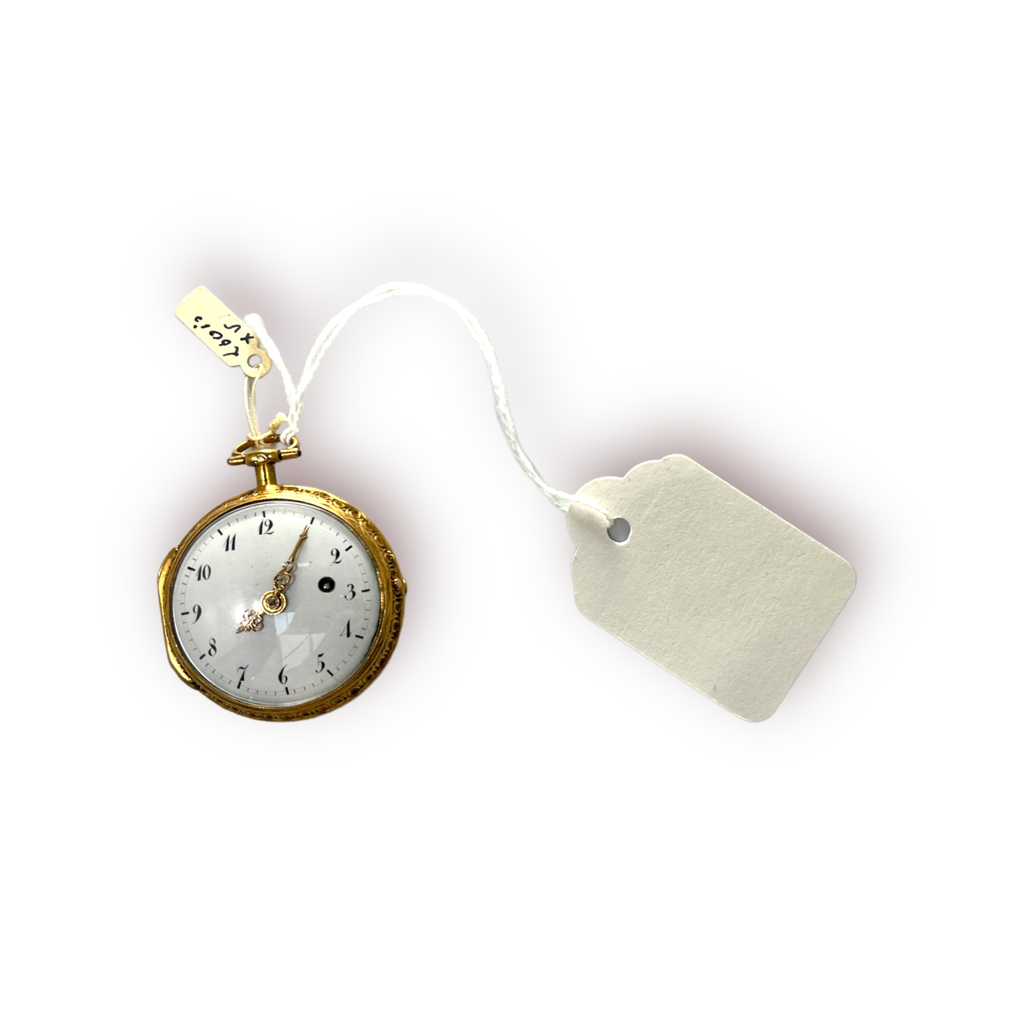 An 18th century French yellow metal (tests as 18ct gold) open-face verge pocket watch, the white