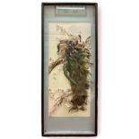 A Chinese framed and glazed collage of peacocks amidst blossom trees, approx 100x41cm