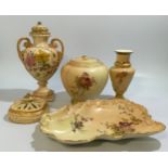 A small collection of four Royal Worcester porcelain blush ivory items comprising a twin-handled urn