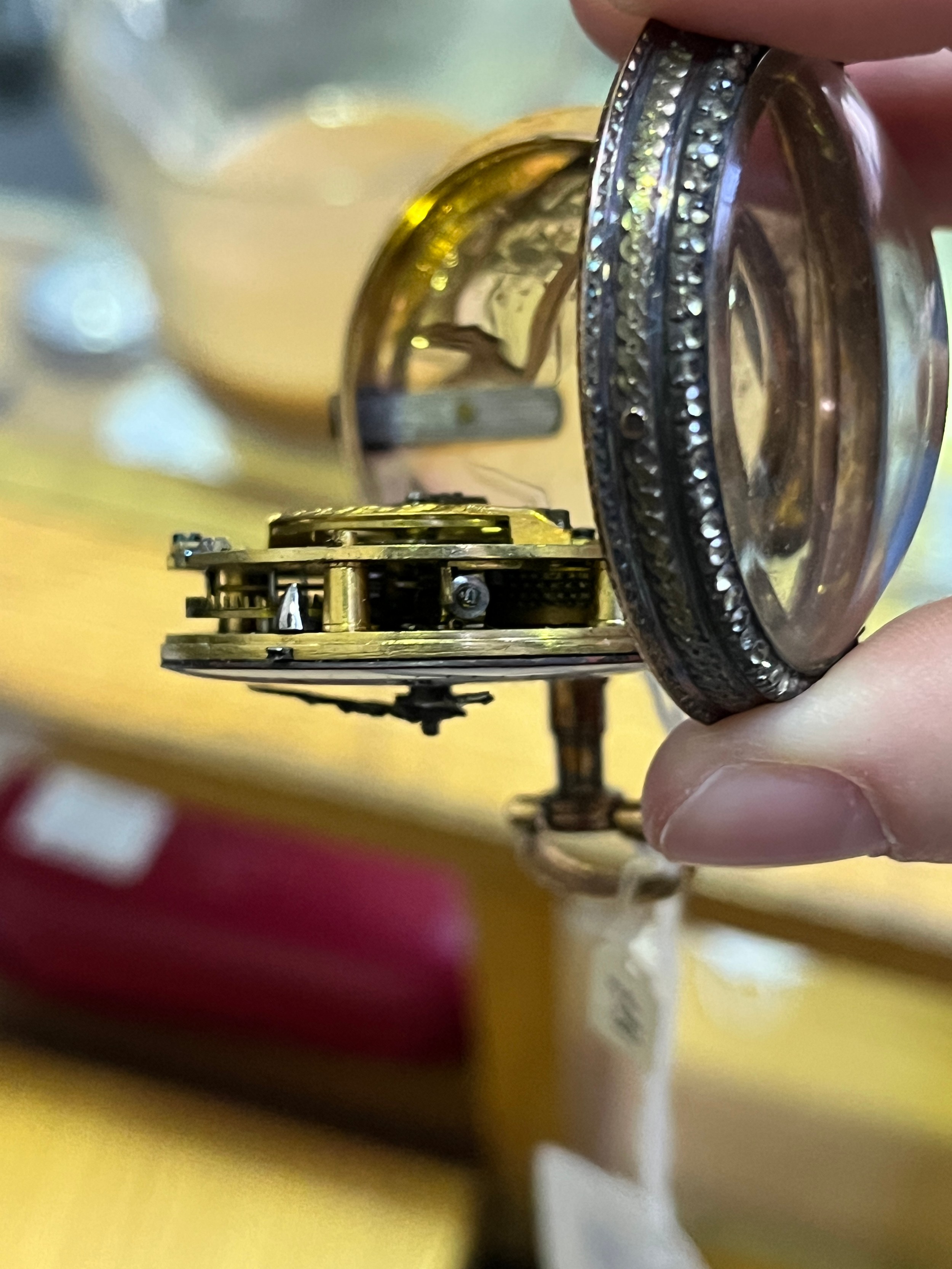 An 18th/19th century yellow metal (tests as 18ct gold) and gilt metal verge pocket watch, the - Image 7 of 8