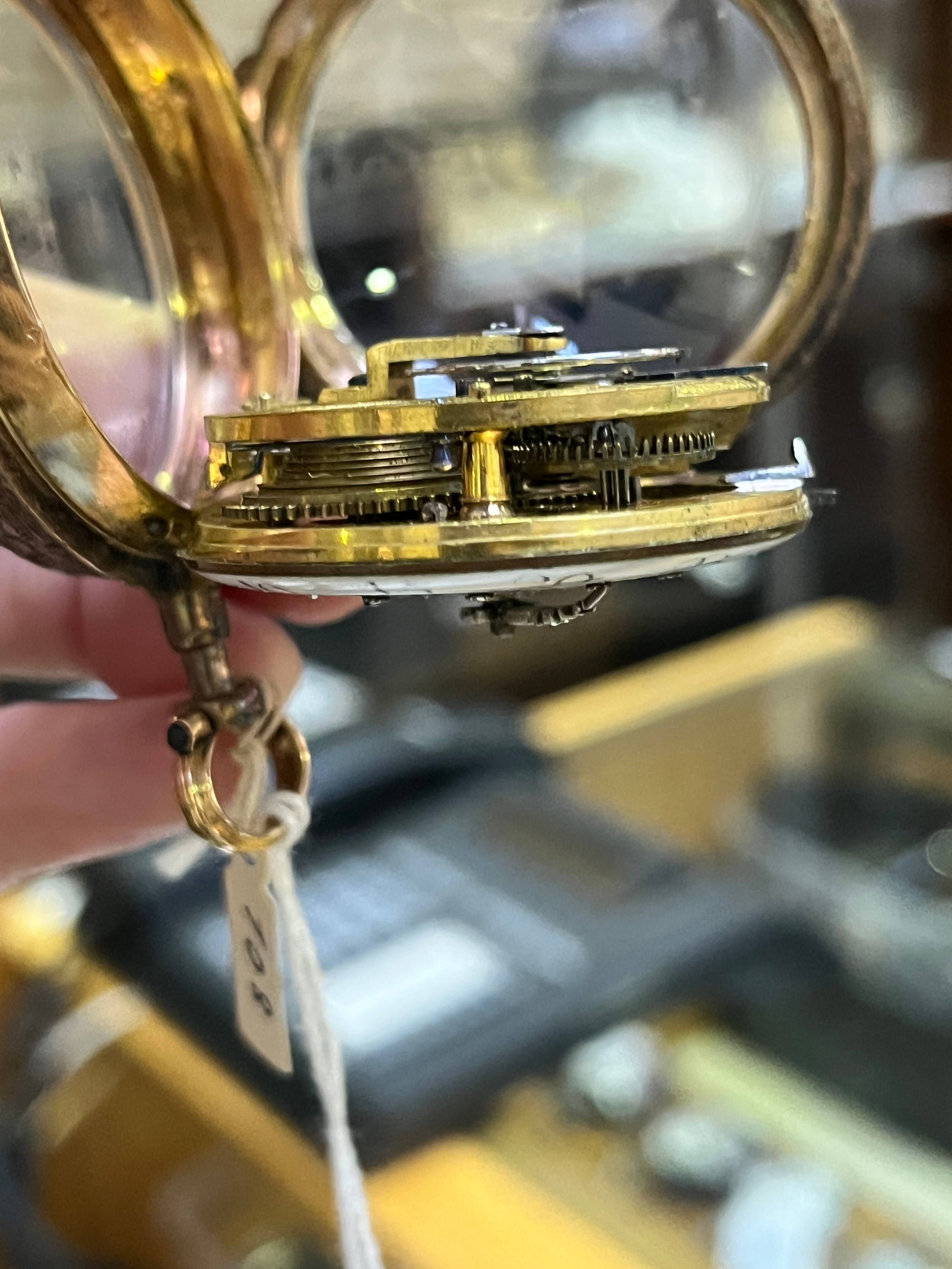 An 18th century yellow metal (tests as 18ct gold) cased open-face verge watch, the white enamel dial - Image 5 of 8