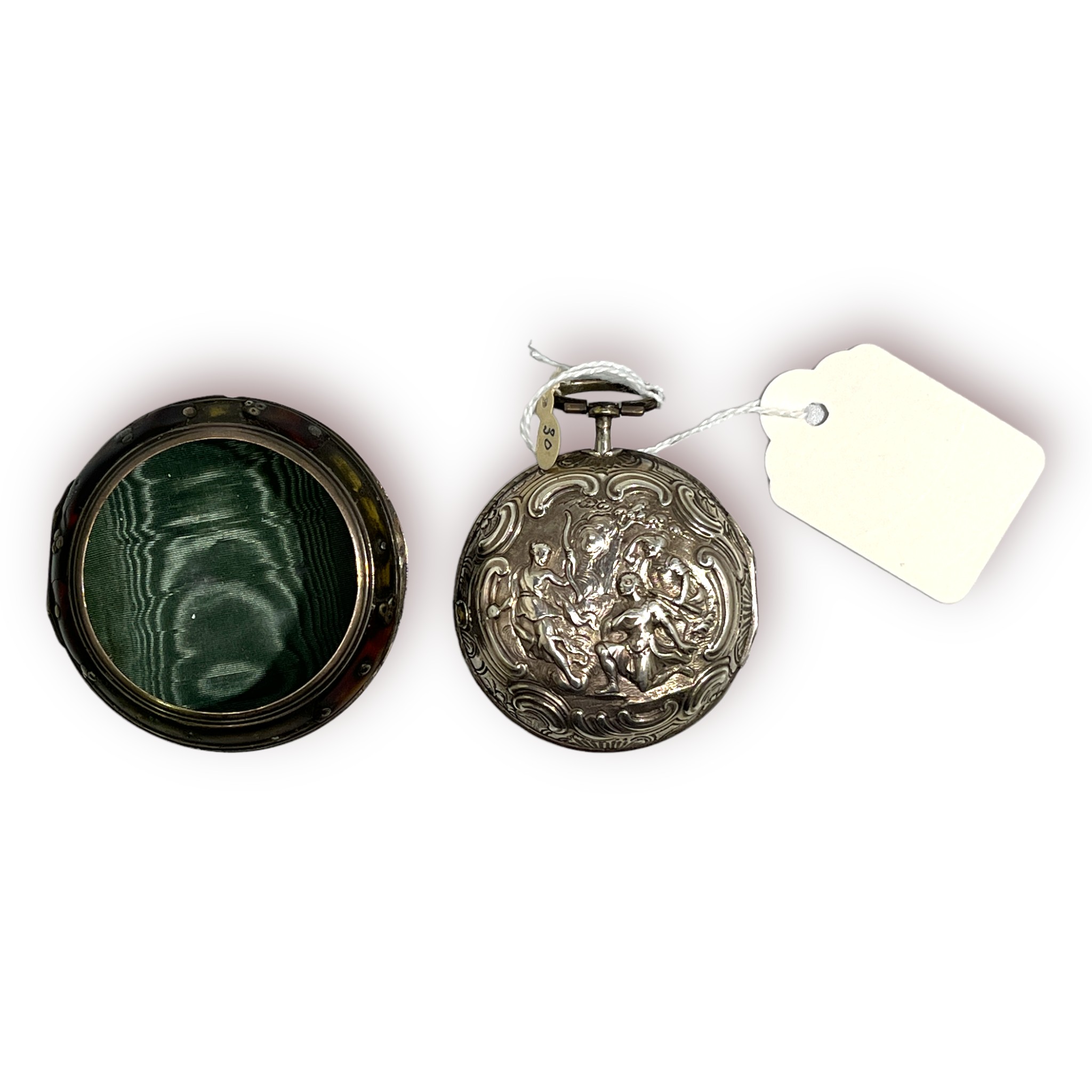 An 18th century, silver pair-case, verge pocket watch, the enamel dial with central portrait of a - Image 4 of 4