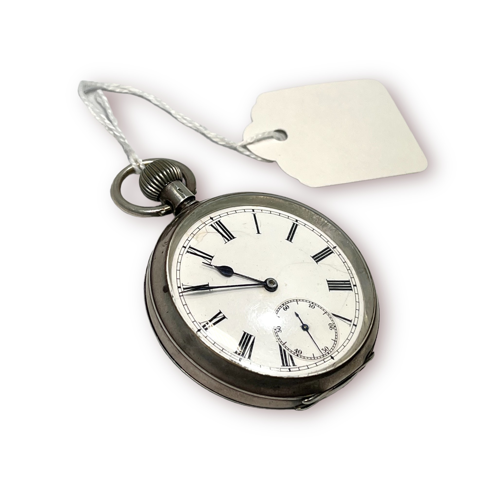 A .935 grade silver-cased, open-face pocket watch, the white enamel dial with Roman numerals - Image 2 of 5