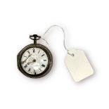A late George II silver pair-case verge pocket watch, the white enamel dial with Roman numerals