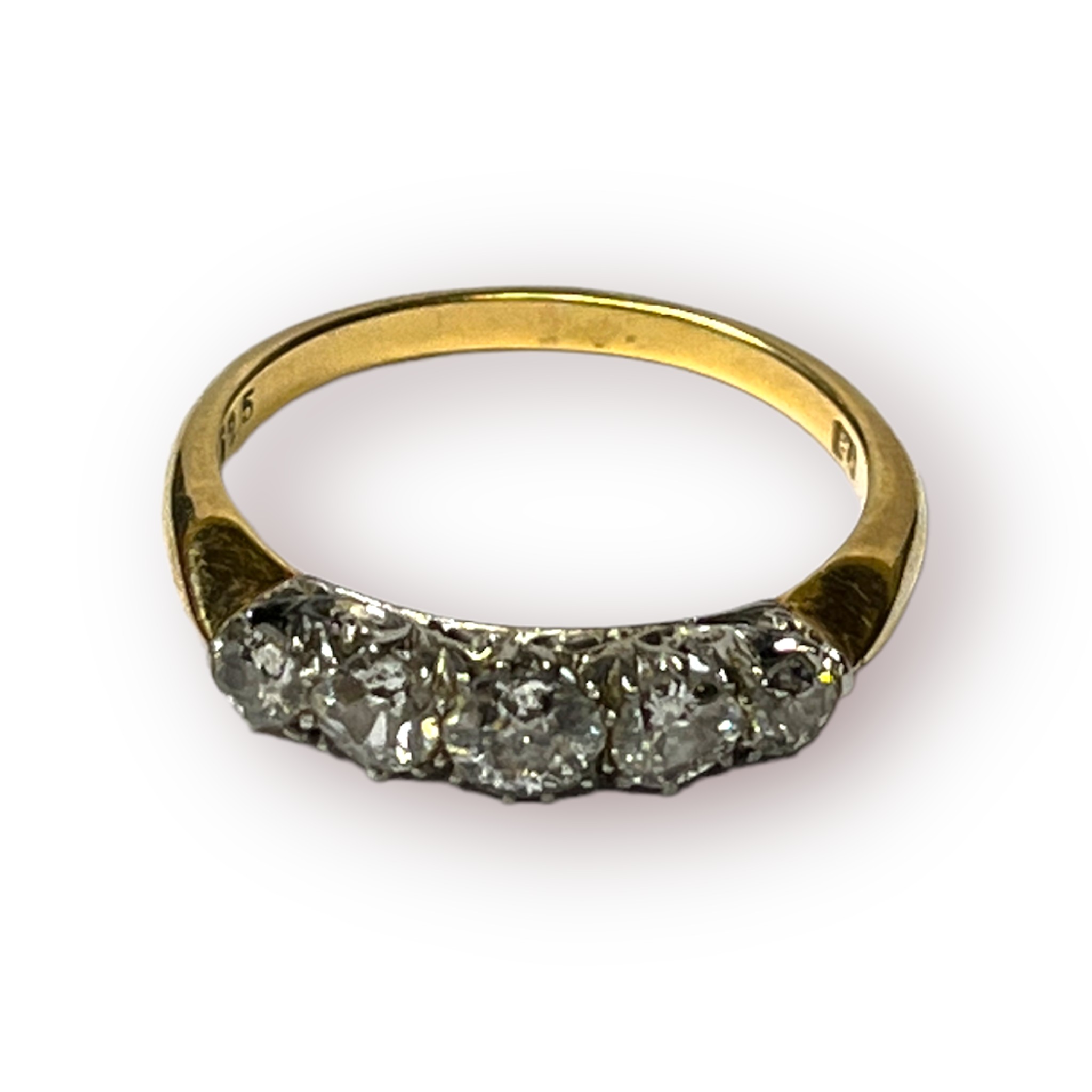 An 18ct yellow gold ring, claw set with five graduated Victorian cut diamonds, total estimated - Image 2 of 2