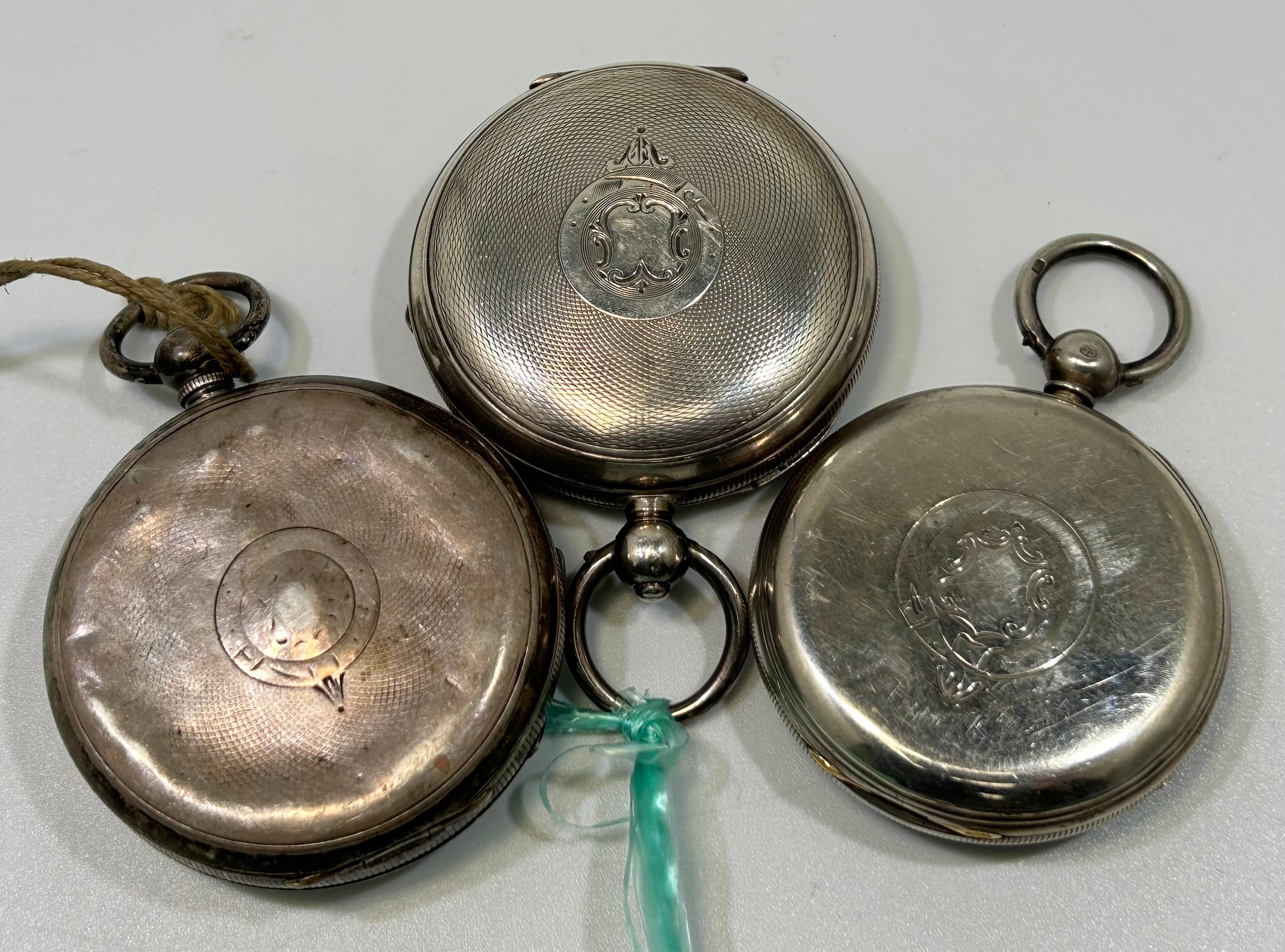 Three various silver-cased open face pocket watches, all with white enamel dials, Roman numerals - Image 2 of 5