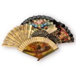 A ladies hand-fan with bone sticks and floral painted lace, together with a floral painted example