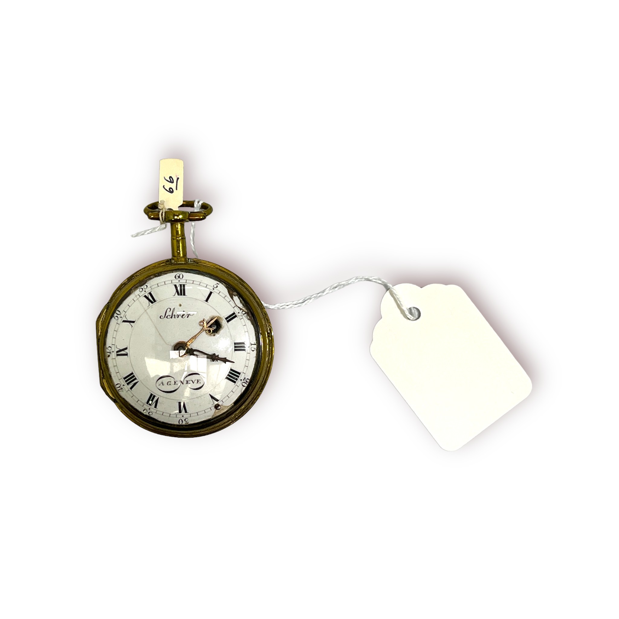 An 18th century continental gilt metal verge pocket watch, the white enamel dial with Roman numerals