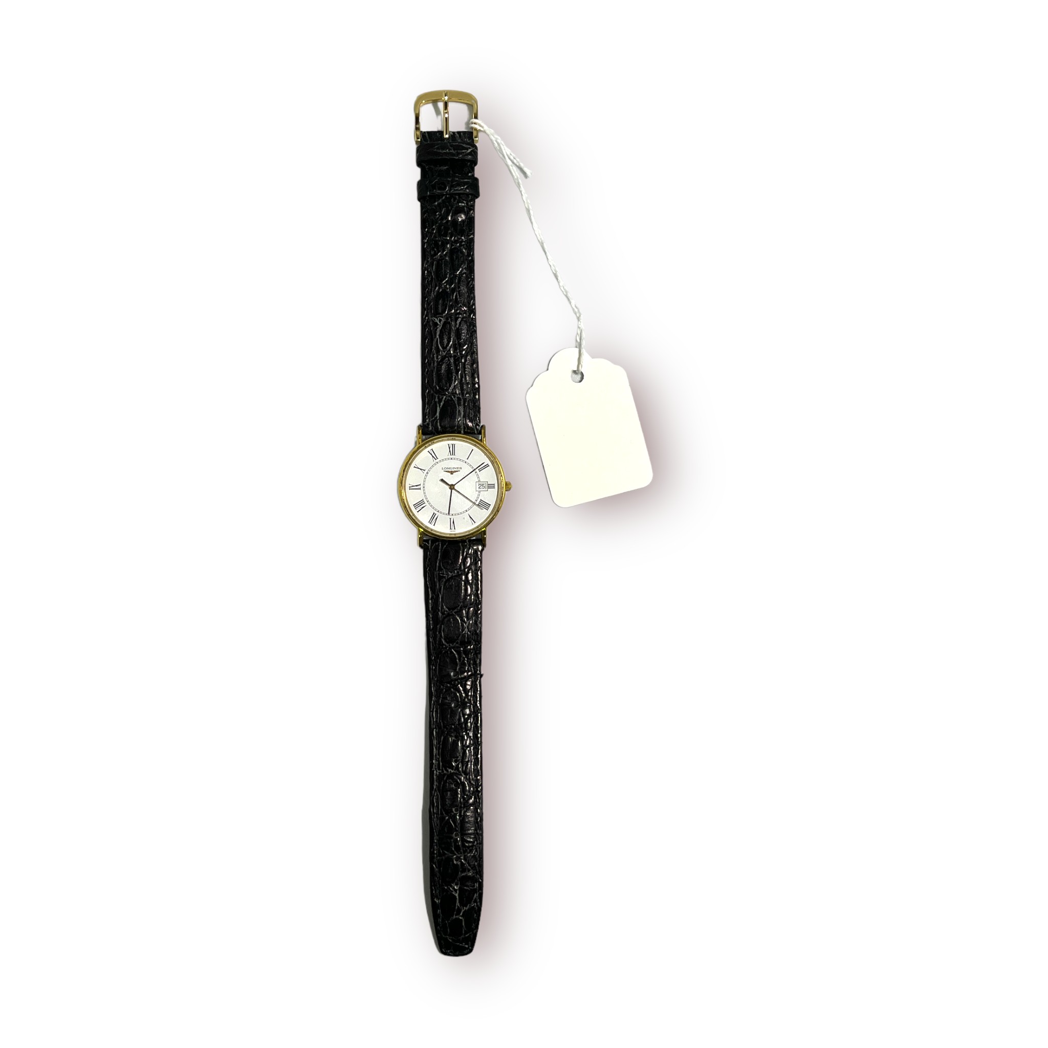 A gents gold-plated quartz Longines model L4.636.2 wristwatch, the white enamel dial with Roman
