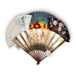 An early 20th century Chinese ladies hand-fan, with bamboo sticks and hand-painted lily and