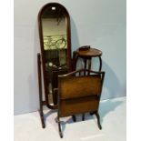 A stainedwood cheval mirror, Edwardian circular two-tier jardiniere and 'metemorphic' fire-screen-
