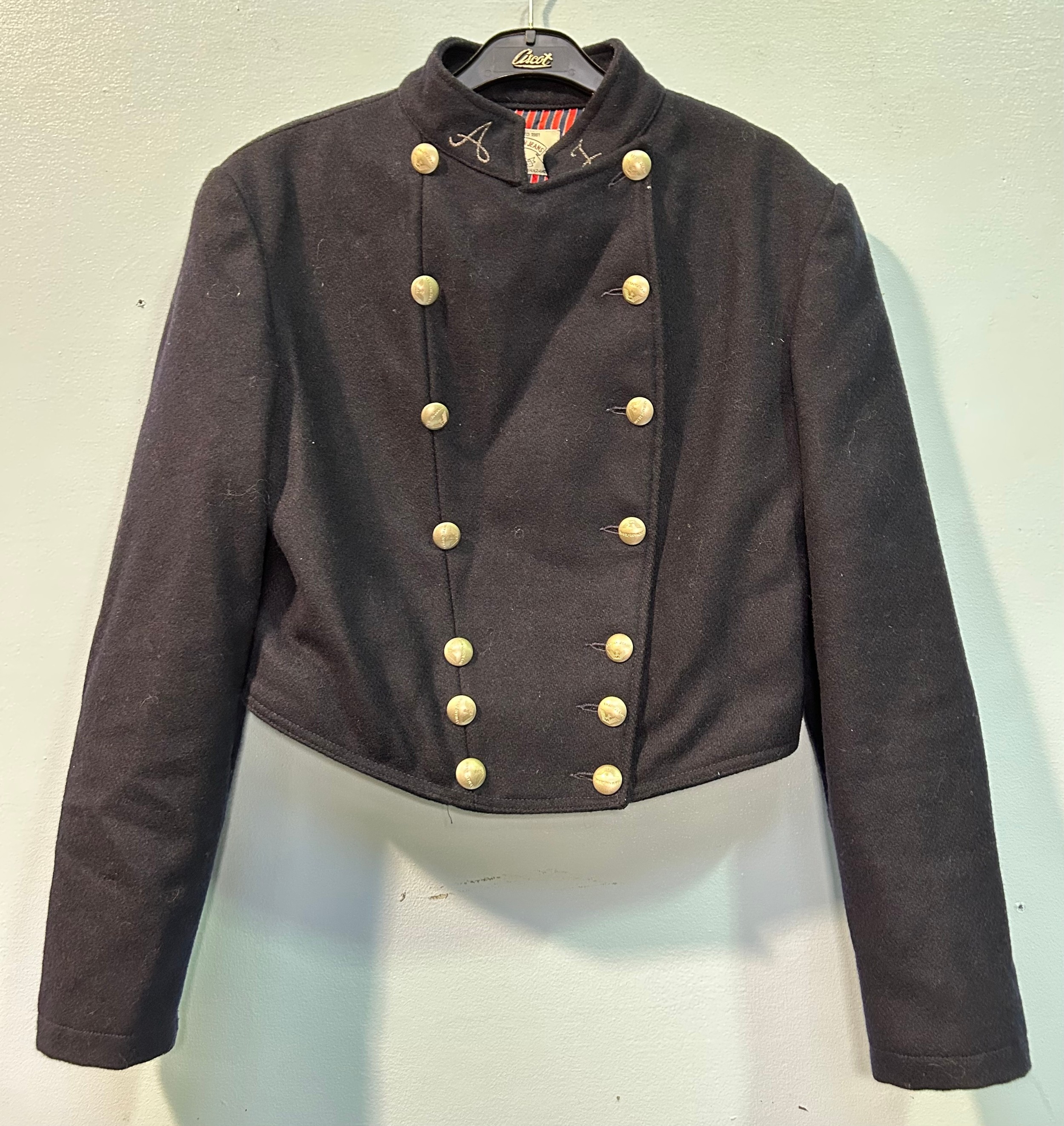 A vintage Armani Jeans woollen navy blue double-breasted jacket, officer style collar with