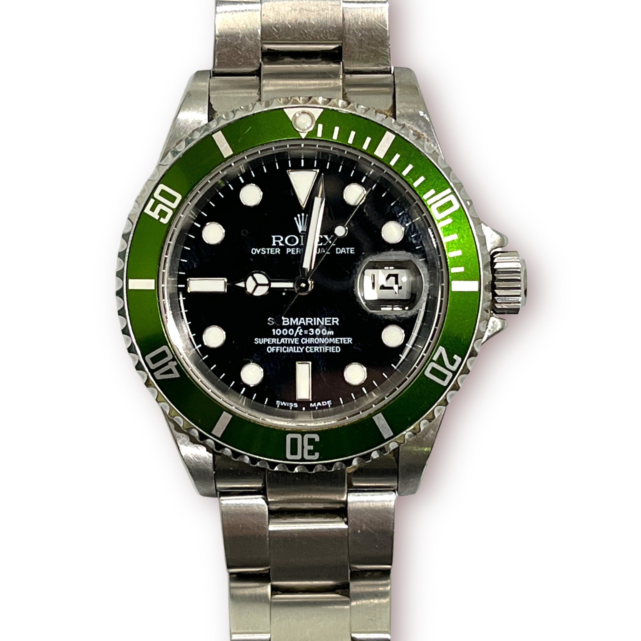 A gents stainless steel Rolex Submariner model ‘16610TLV’, ‘The Kermit’, C.2004, the black dial with