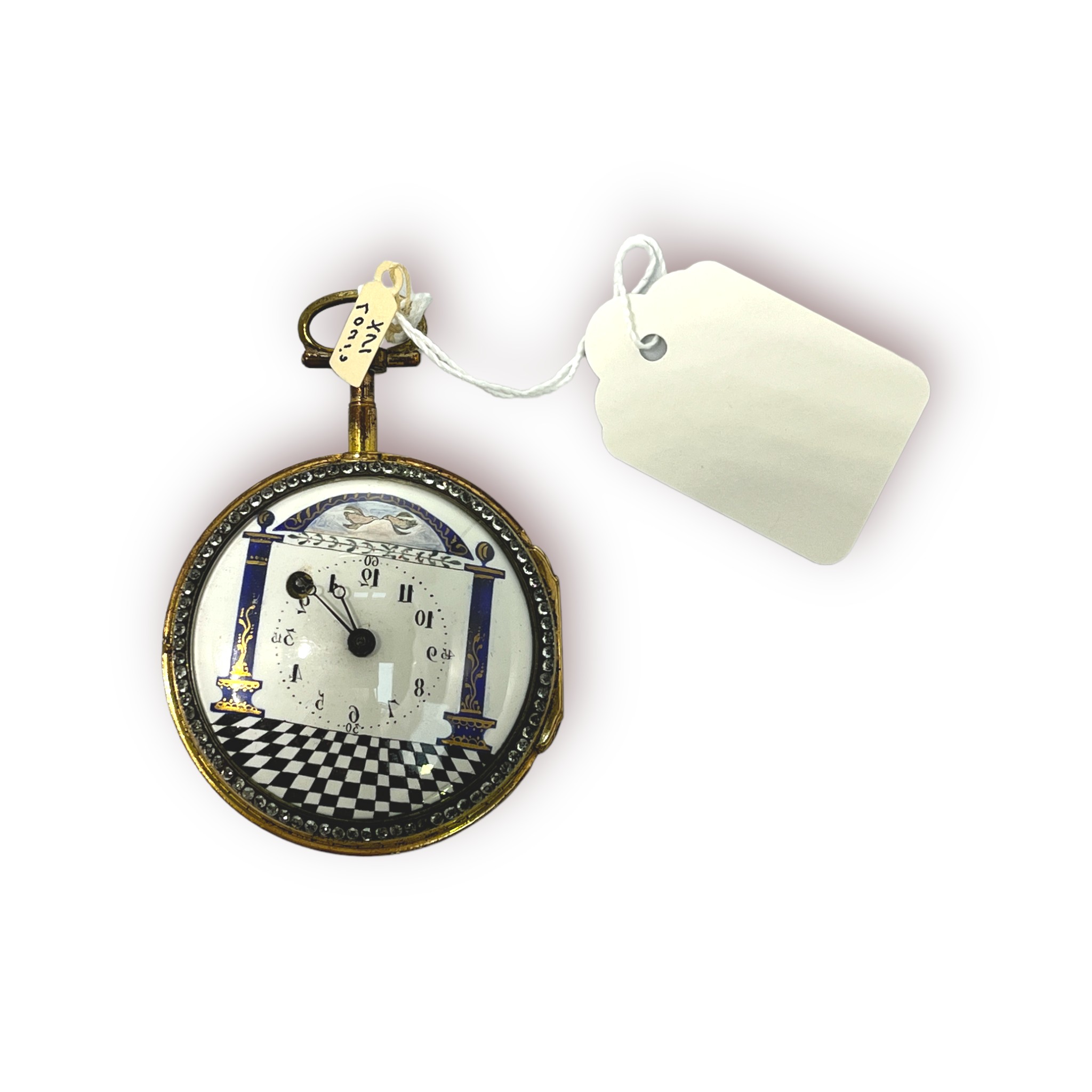 An 18th century continental gilt metal cased verge pocket watch, the white enamel dial with Arabic