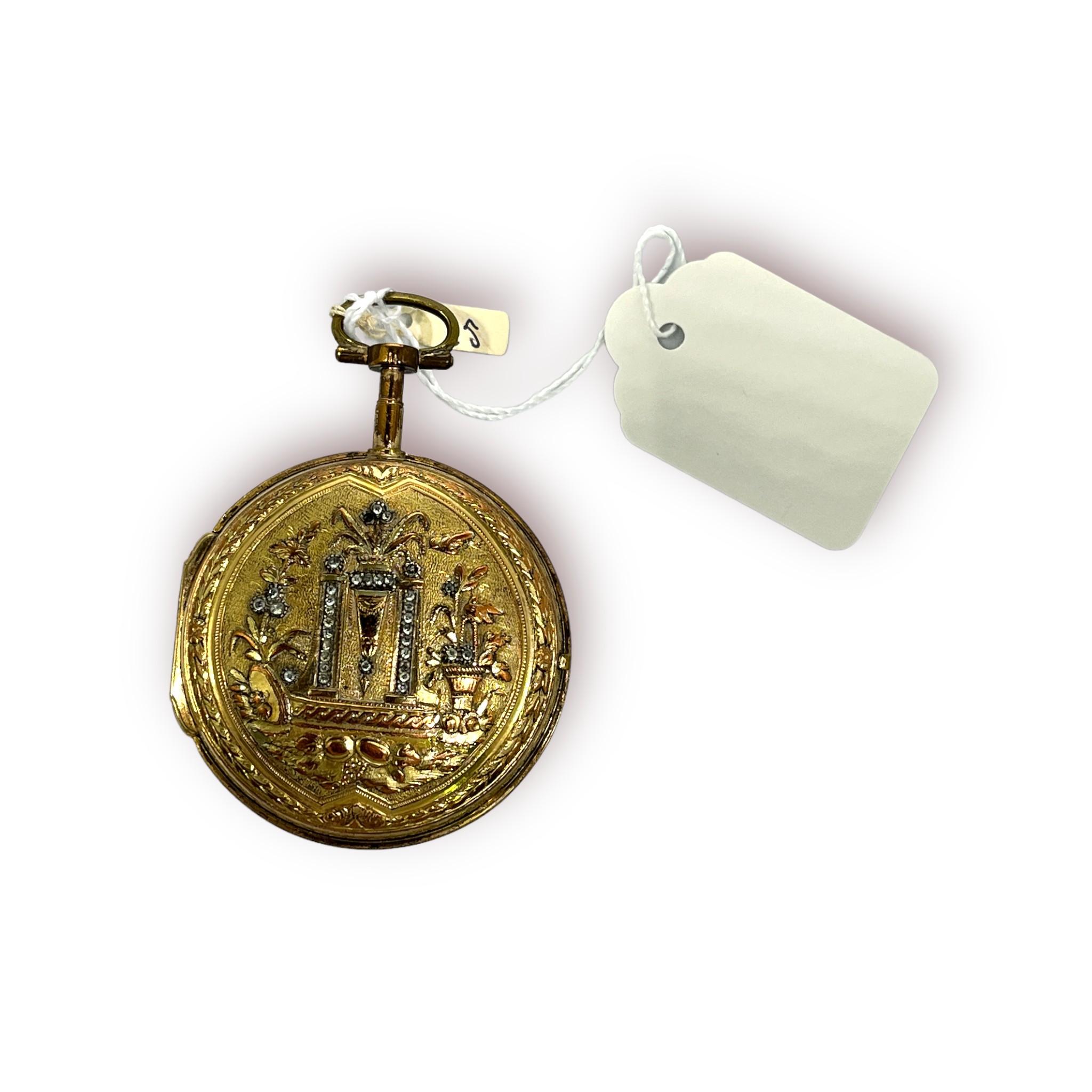 An 18th century continental gilt metal cased verge pocket watch, the white enamel dial with Arabic - Image 2 of 2