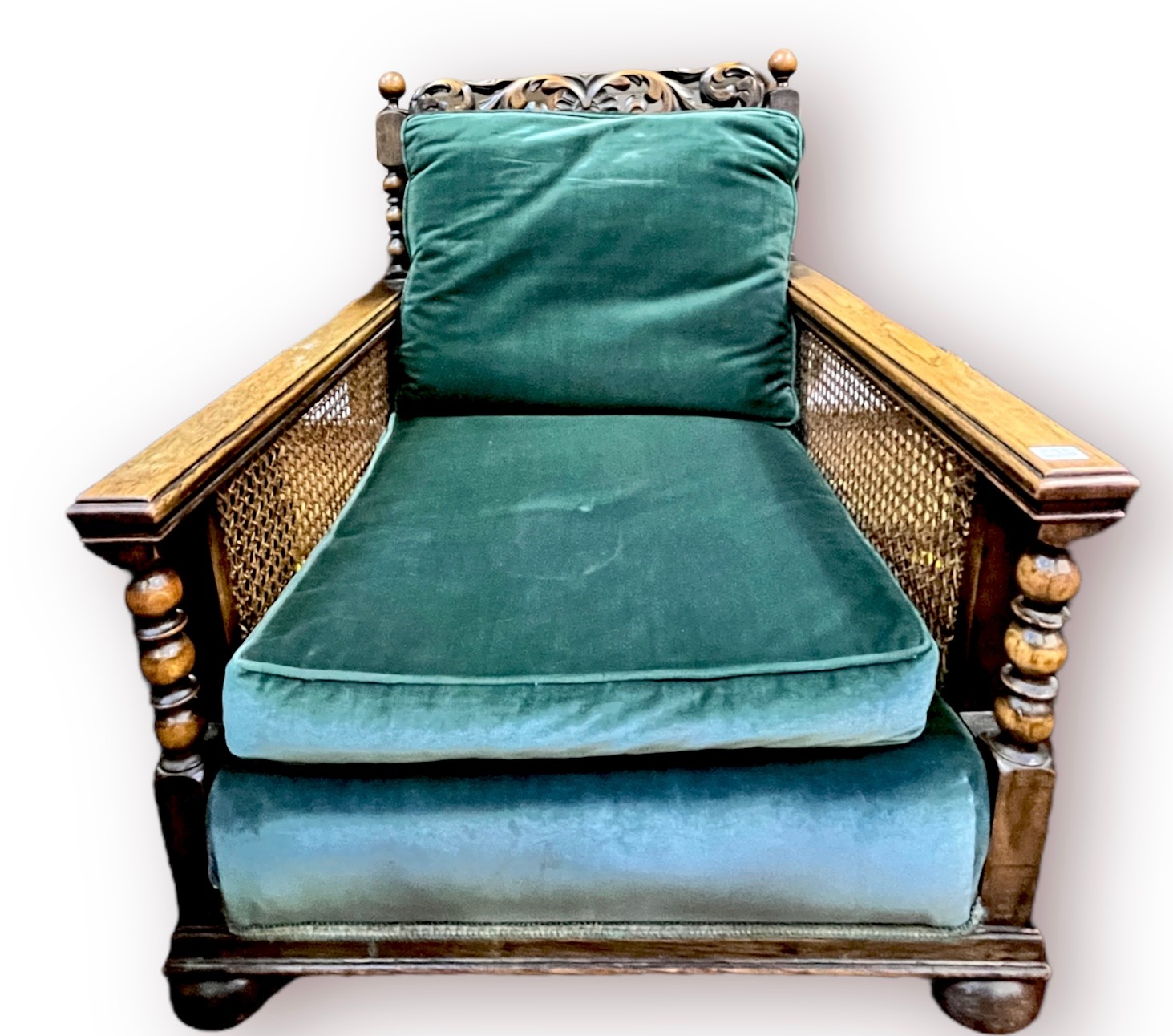 An early 20th century oak three-piece bergere suite, comprising a three-seater sofa and two - Image 2 of 5