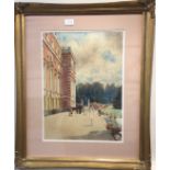 Denys G. Wells (1881-1973), 'Queen's Walk, Hampton Court,' figures walking by the palace, pencil and