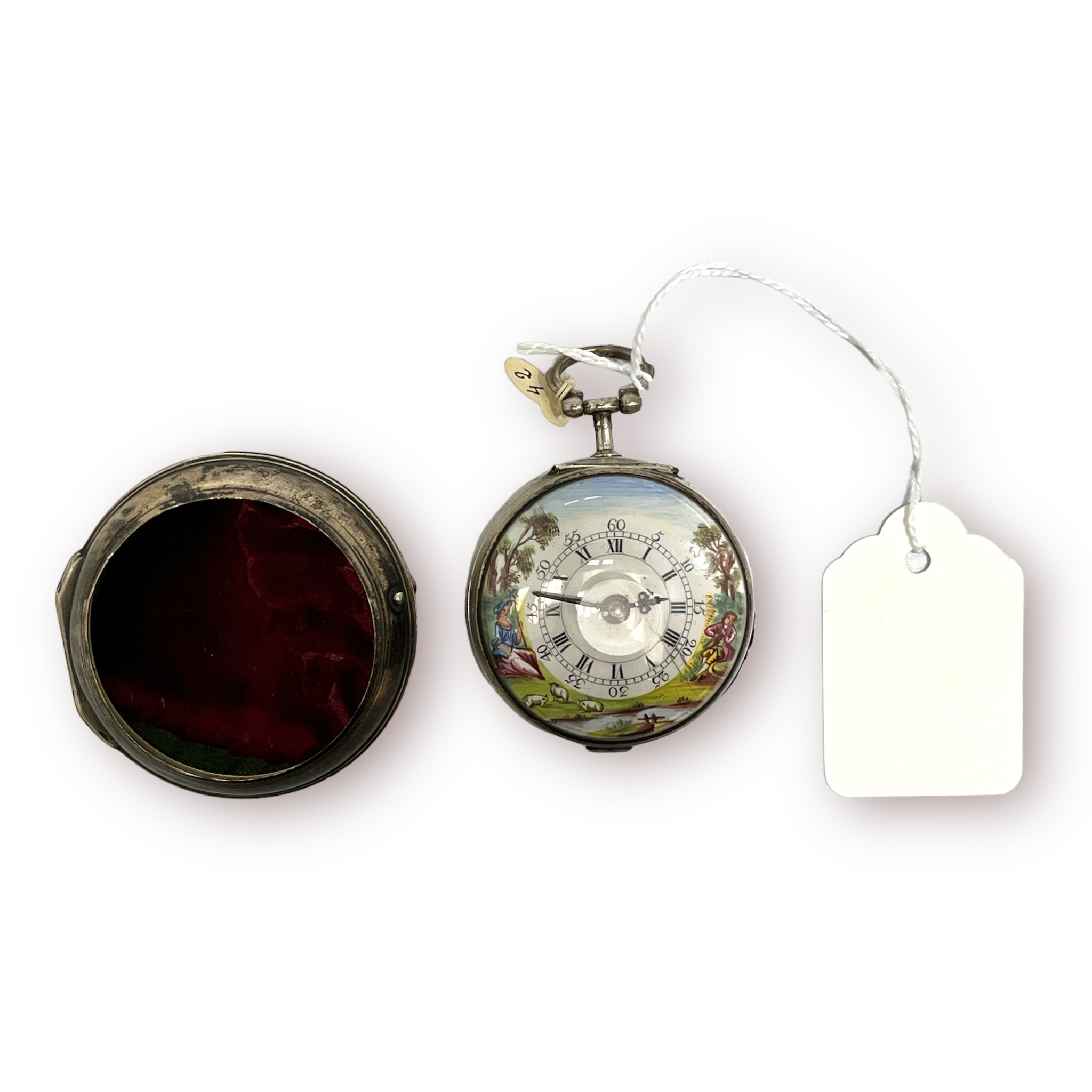 A George III silver pair-case verge pocket watch, the painted enamel dial decorated with a scene - Image 3 of 4