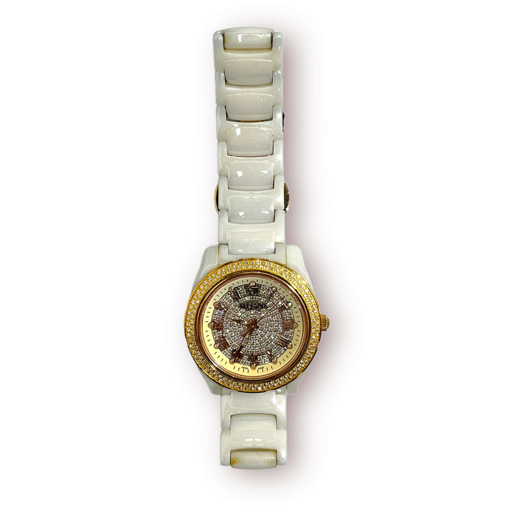 A ladies stainless steel and white ceramic Versace wristwatch, the diamond set dial with Roman - Image 3 of 4