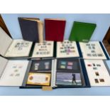 Seven ring binders of mint and used Gurnsey, Jersey and Isle of Man stamps, and three 'schoolboy'