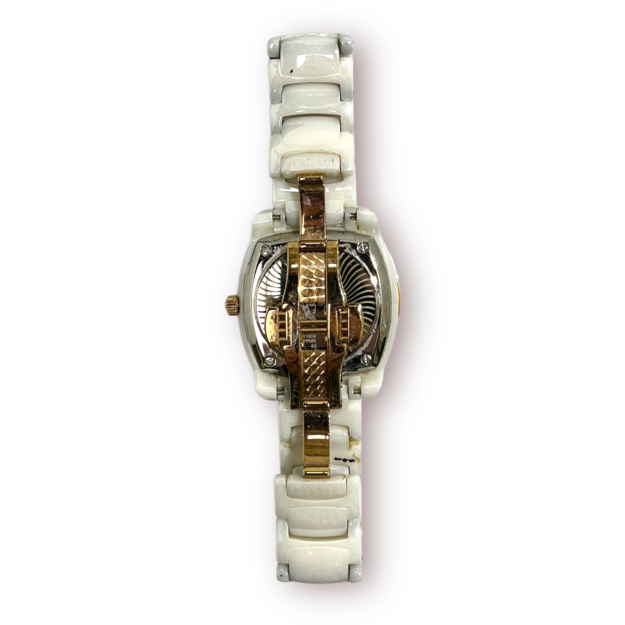 A ladies stainless steel and white ceramic Versace wristwatch, the diamond set dial with Roman - Image 4 of 4