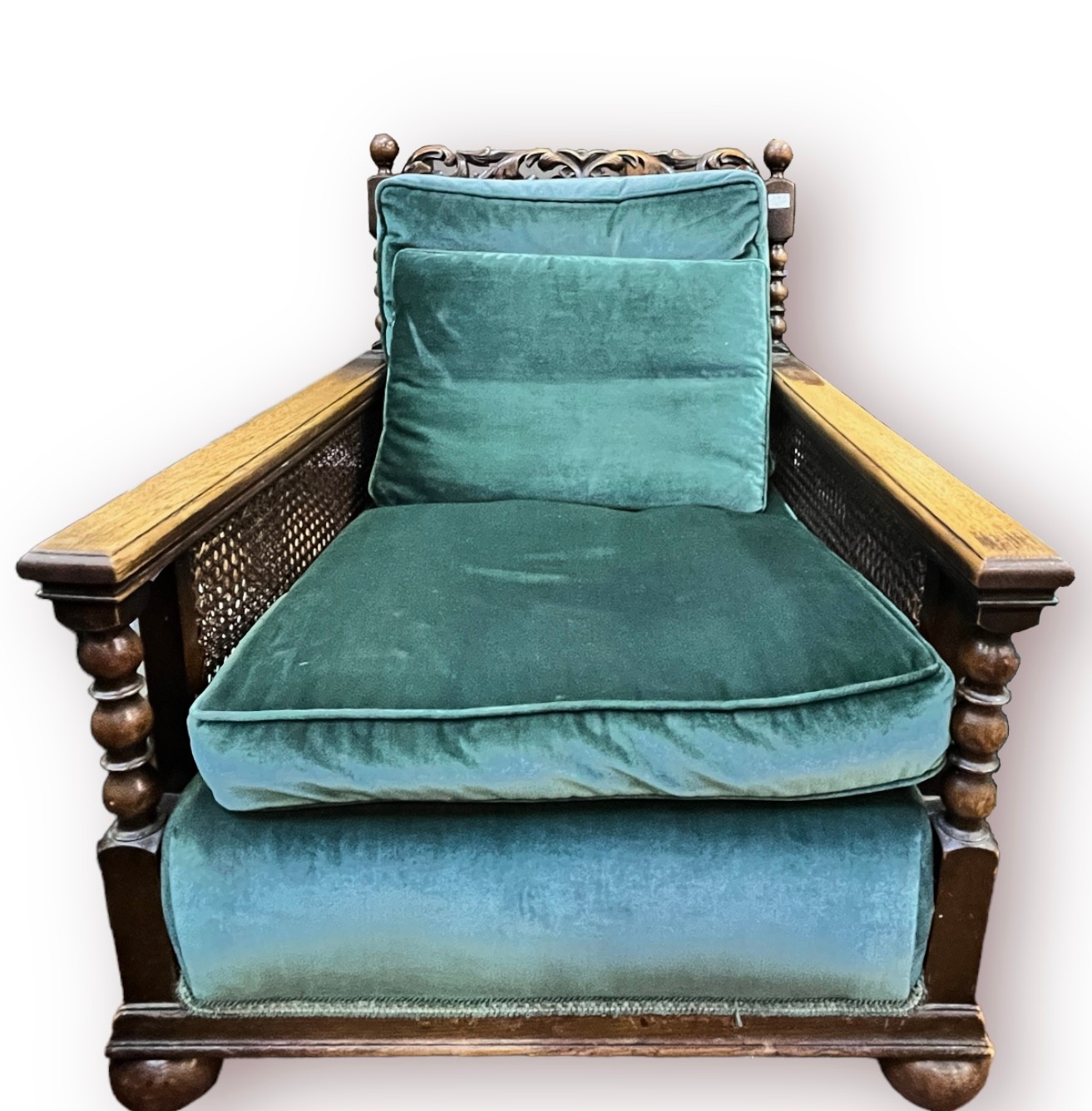 An early 20th century oak three-piece bergere suite, comprising a three-seater sofa and two - Image 3 of 5