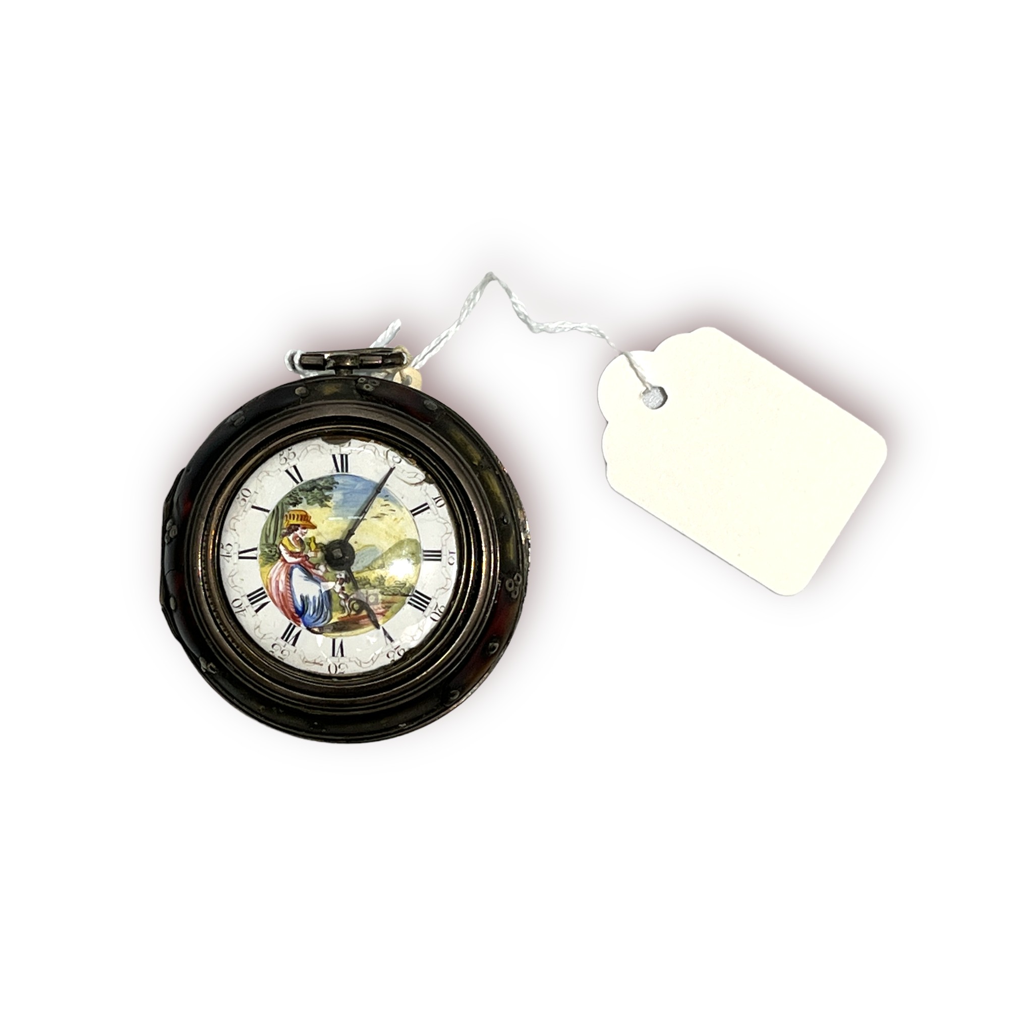 An 18th century, silver pair-case, verge pocket watch, the enamel dial with central portrait of a