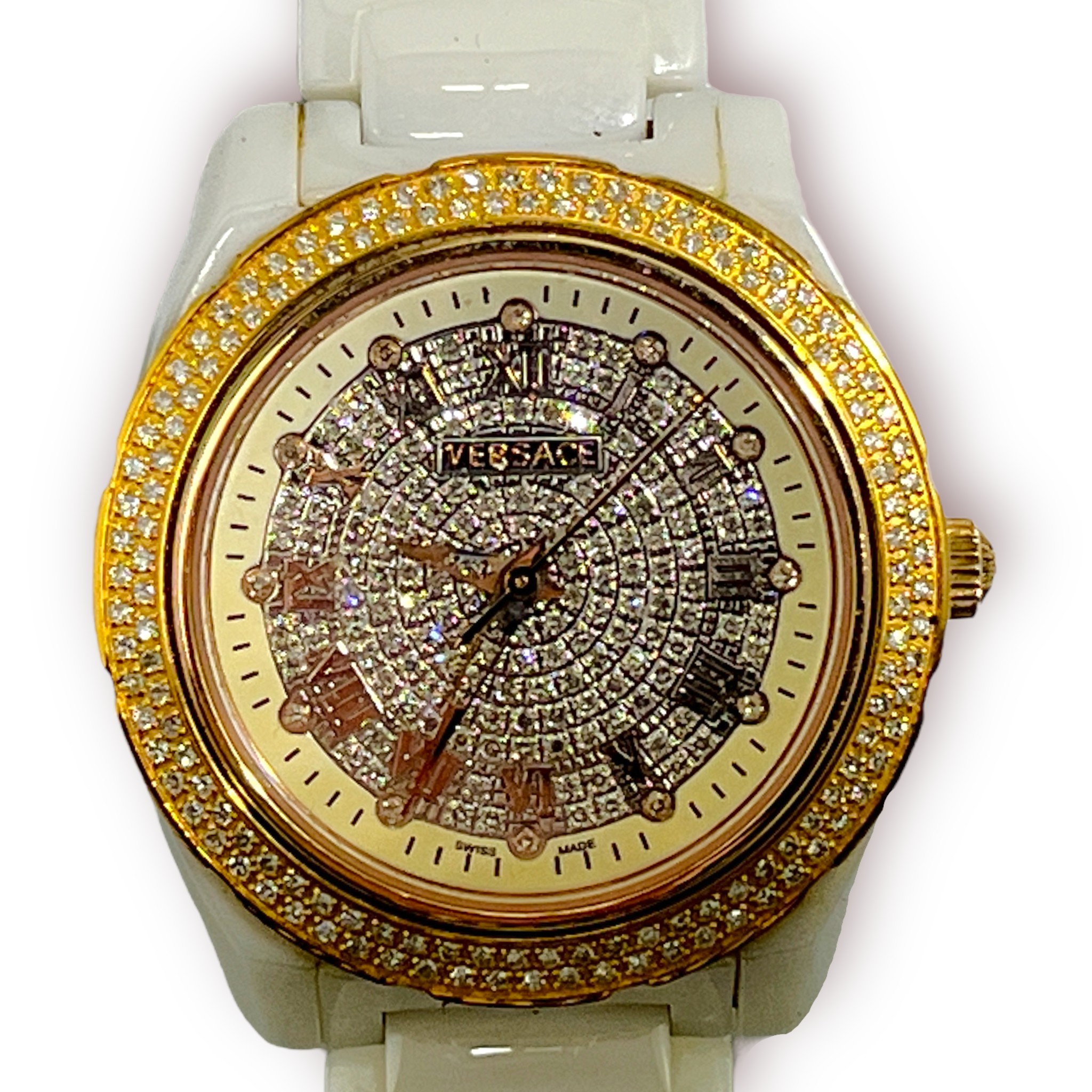 A ladies stainless steel and white ceramic Versace wristwatch, the diamond set dial with Roman - Image 2 of 4