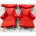 A pair of modern Hans Wegner Ox ‘style’ armchairs in red pleather upholstery with elongated head