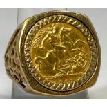 A 9ct gold ring set with an Edward VII, 1907, 22ct gold half-sovereign, ring size S, gross weight