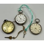Three various silver-cased open face pocket watches, all with white enamel dials, Roman numerals