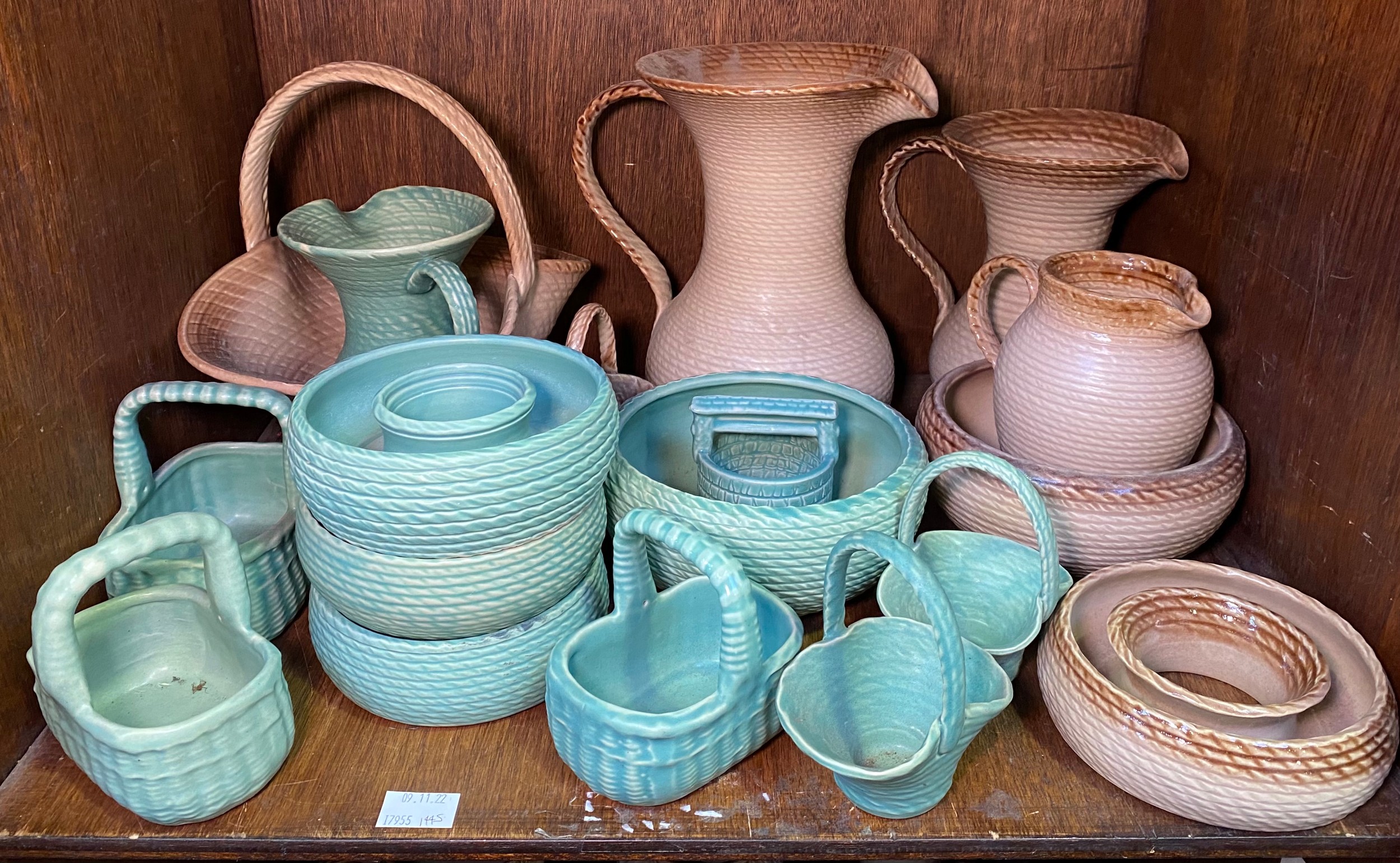 A quantity of Lovatt's 'Windsor Green' and brown 'Woven Basket ' Ware designed by Frank Mitchell,