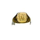 A gents 18ct yellow gold signet ring, with engraved top, weight 7.8 grams, finger size R.