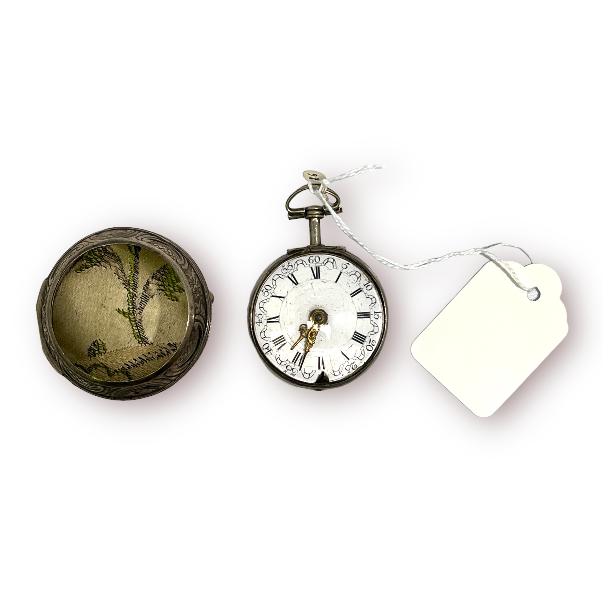 A George III silver pair-case verge pocket watch, the white enamel dial with Roman numerals denoting - Image 3 of 4