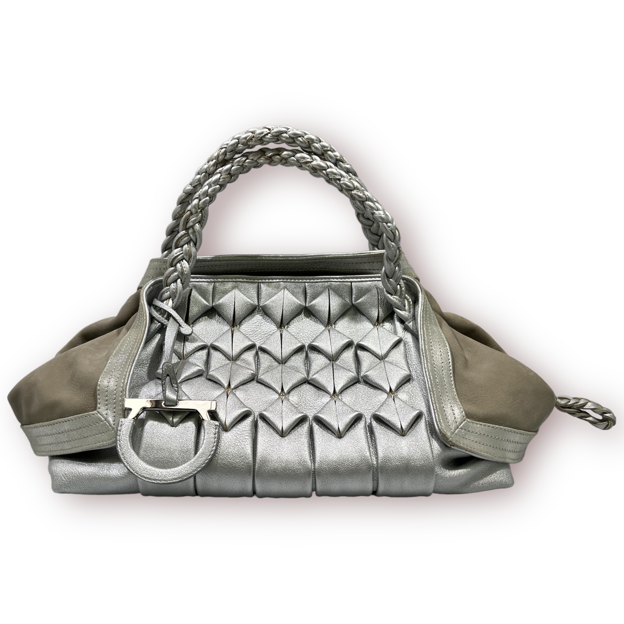 Three various Salvatotre Ferragamo handbags, including a silver bowling design bag, with pleated