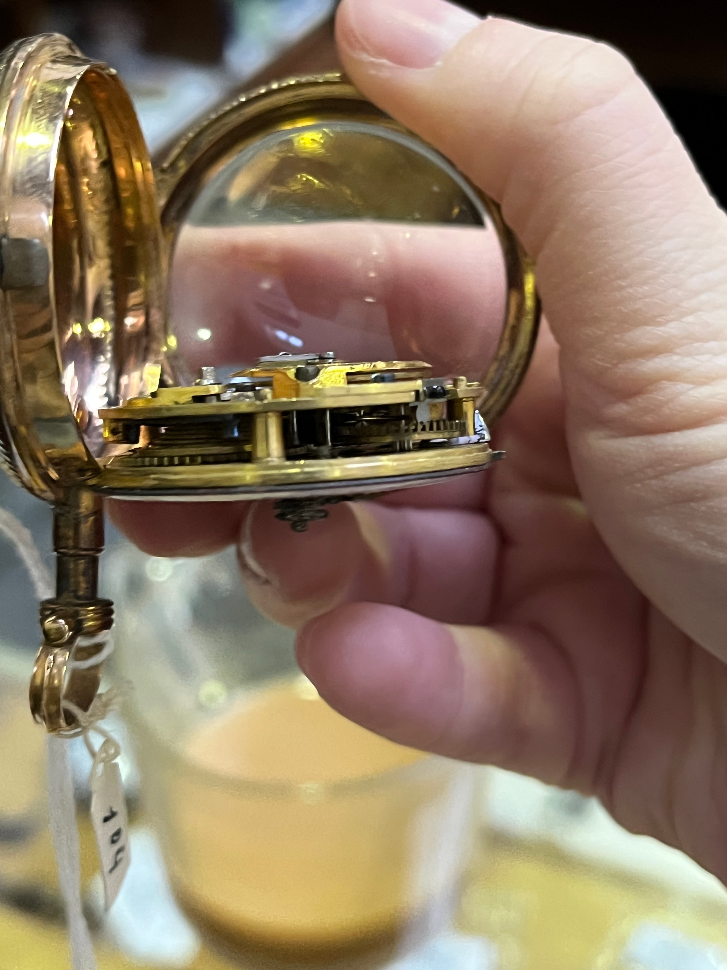 An 18th/19th century yellow metal (tests as 18ct gold) and gilt metal verge pocket watch, the - Image 6 of 8