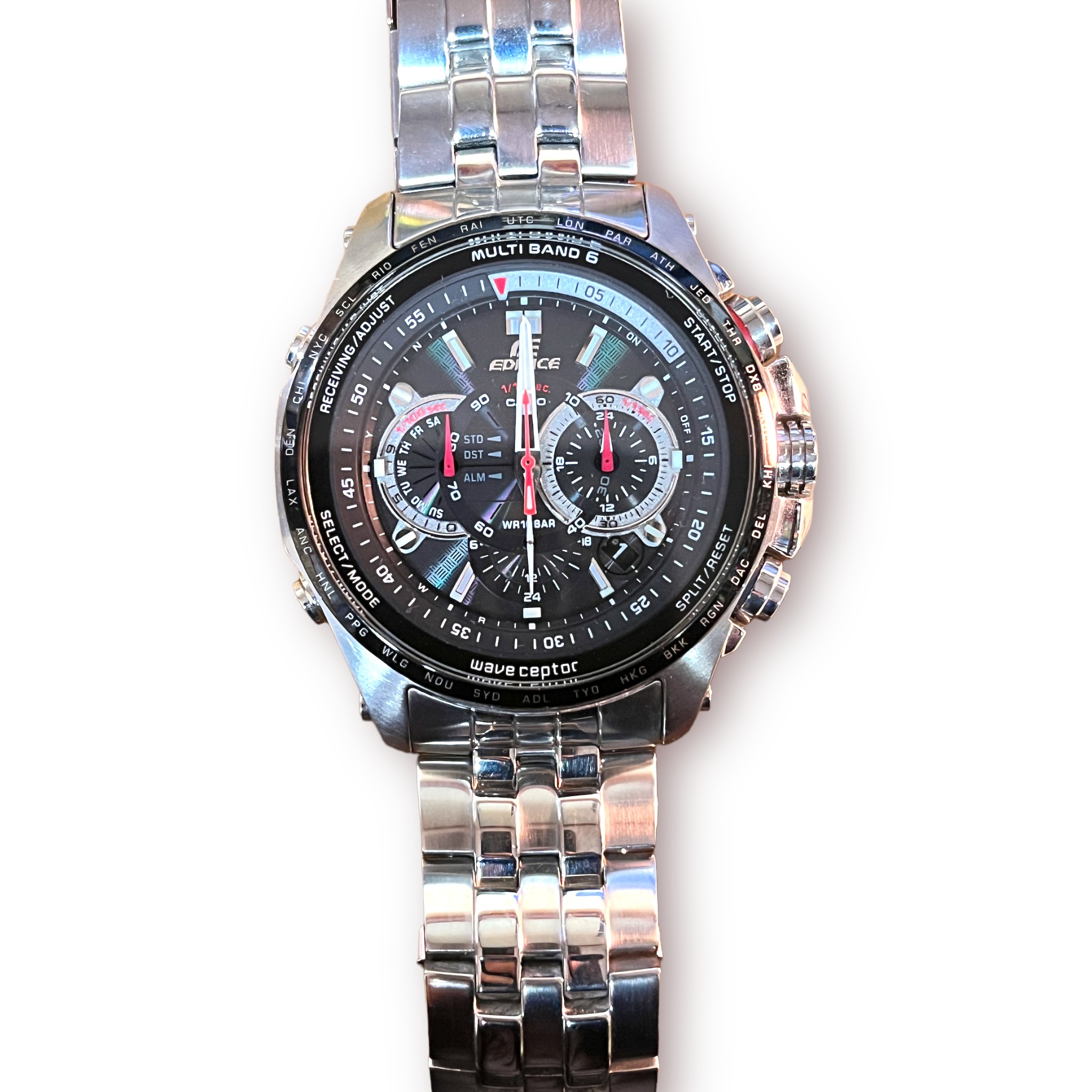 Three gents stainless steel Casio Edifice ‘Wave Ceptor’ wristwatches, each with black dial, batons - Image 6 of 7