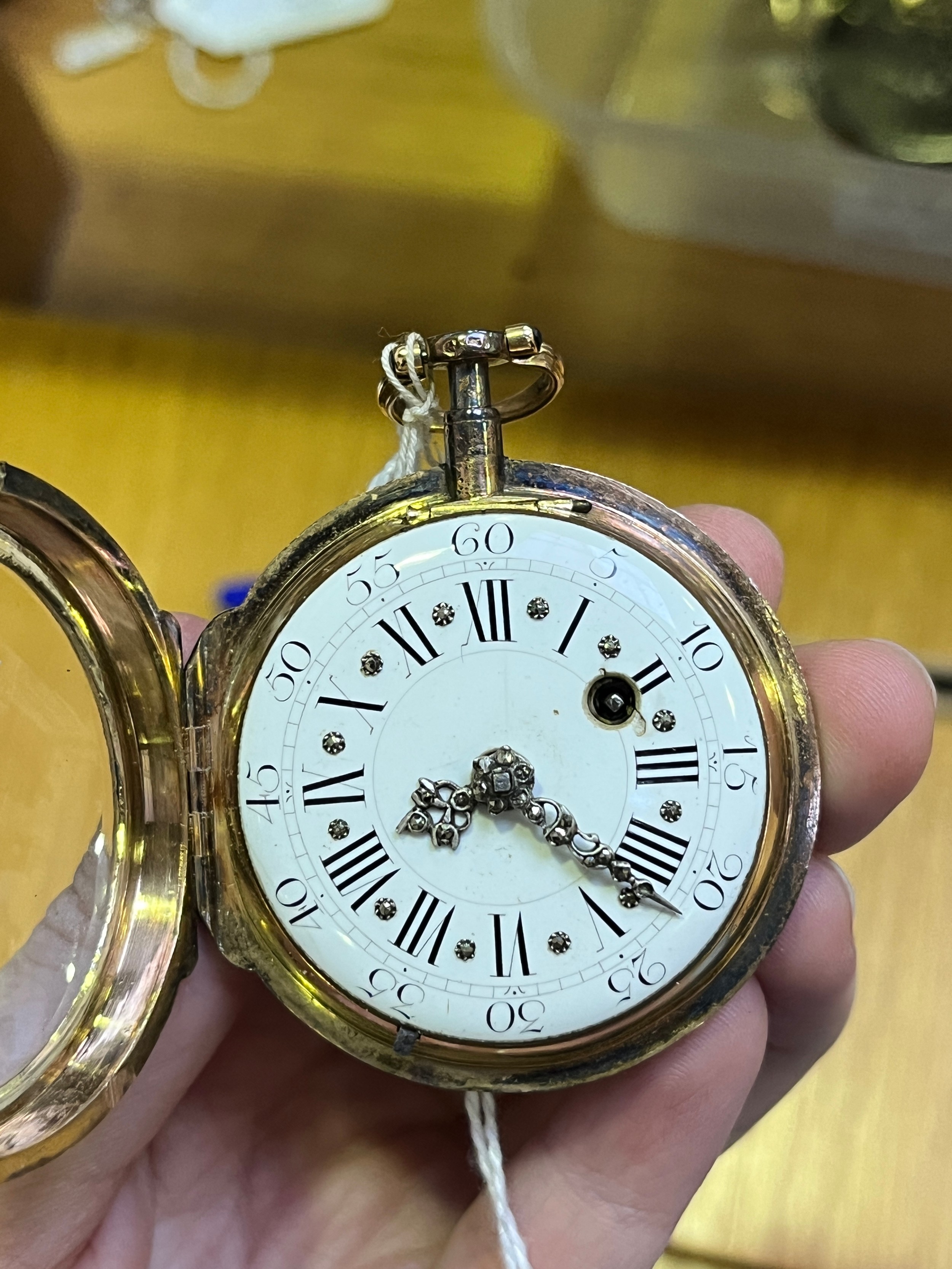 An 18th century yellow metal (tests as 18ct gold) cased open-face verge watch, the white enamel dial - Image 3 of 8