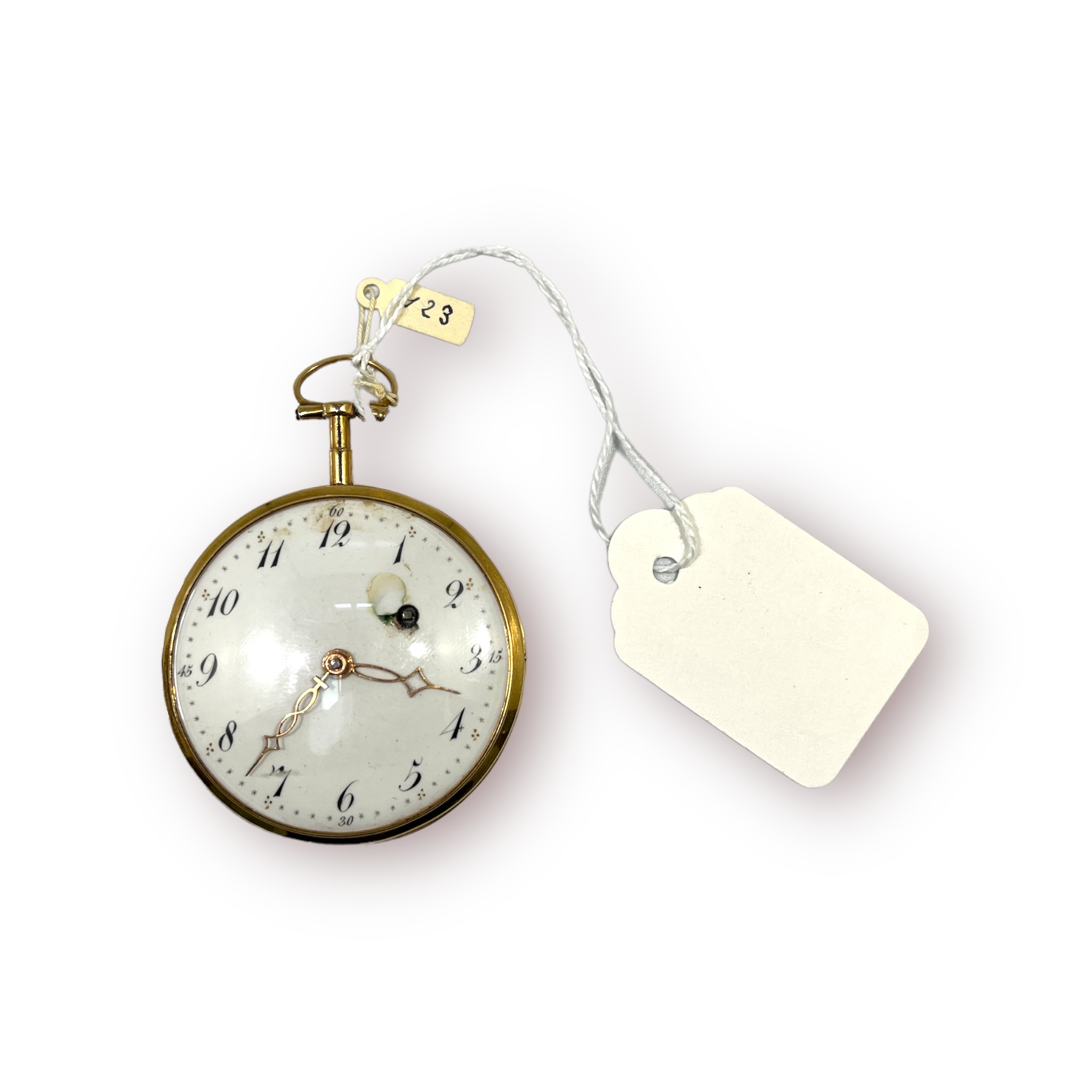 An 18th/19th century yellow metal (tests as 18ct gold) open-face pocket watch, the white enamel dial