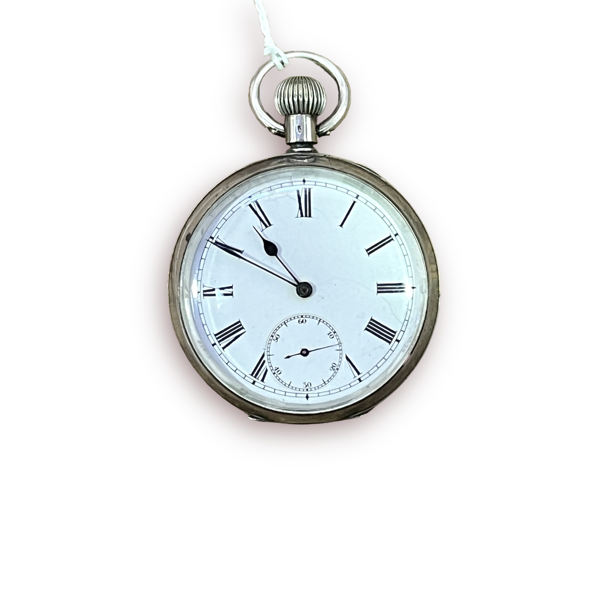A .935 grade silver-cased, open-face pocket watch, the white enamel dial with Roman numerals
