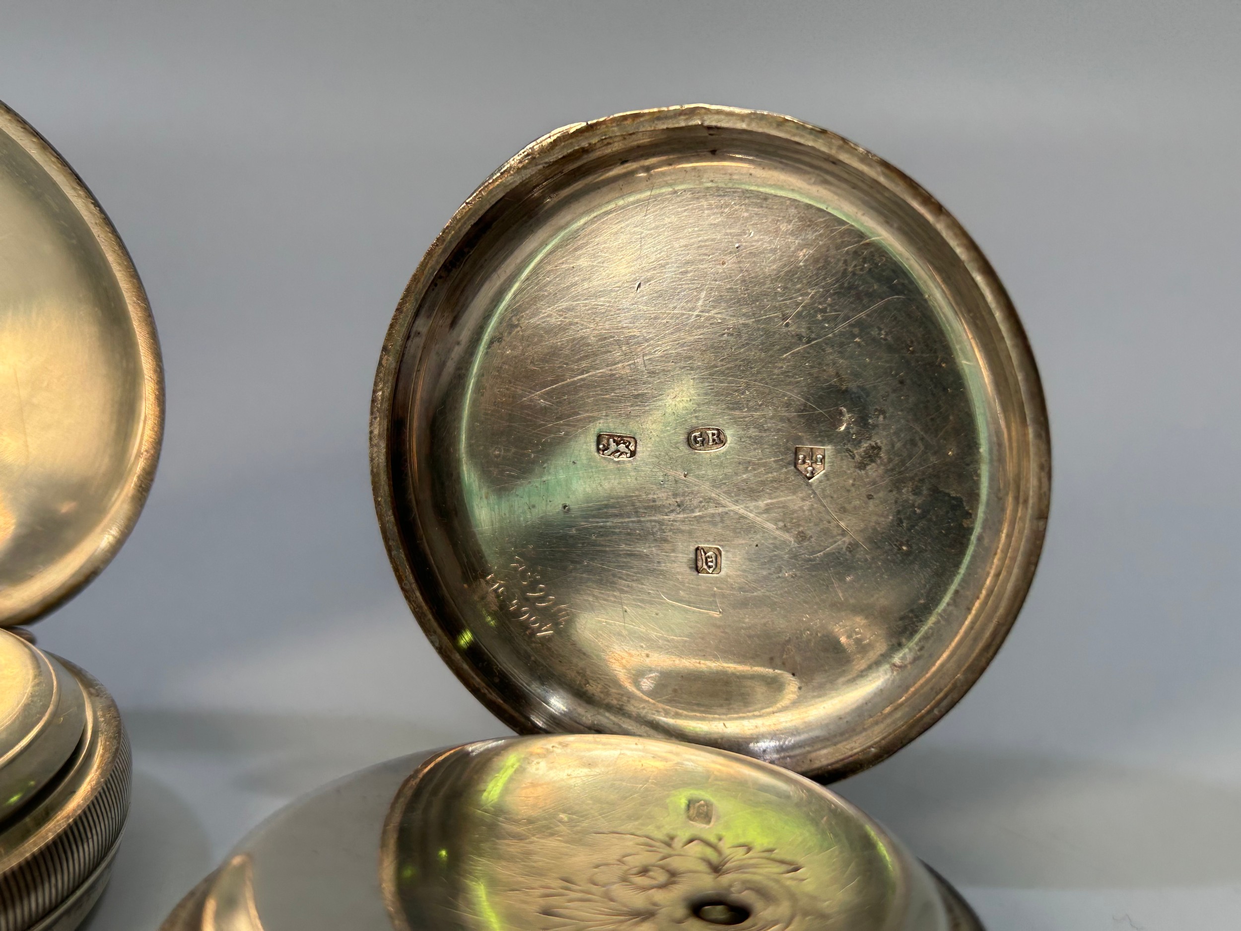 Three various silver-cased open face pocket watches, all with white enamel dials, Roman numerals - Image 4 of 5