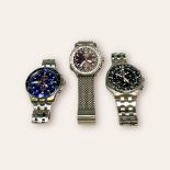 Three gents Citizen Eco-Drive wristwatches, each with batons denoting hours and date apertures,