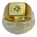 An 18ct yellow gold signet ring, star set with a small round diamond to the centre, weighs 7.0