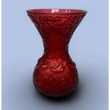 A Lalique Crystal Arabesque vase in ruby, with engraved crystal birds playing amongst frosted