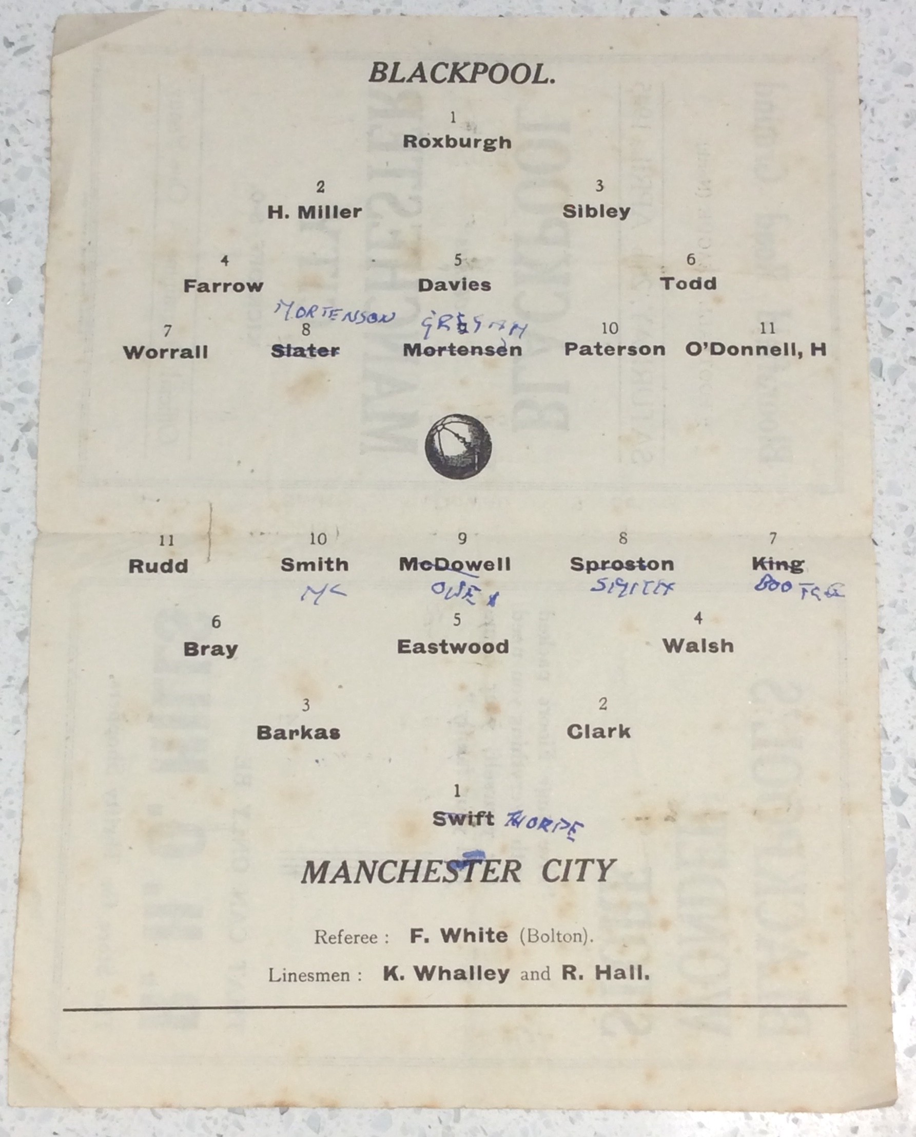 Football Programme: Blackpool v Manchester City, 28th April 1945. Condition, ink team changes, light - Image 3 of 4