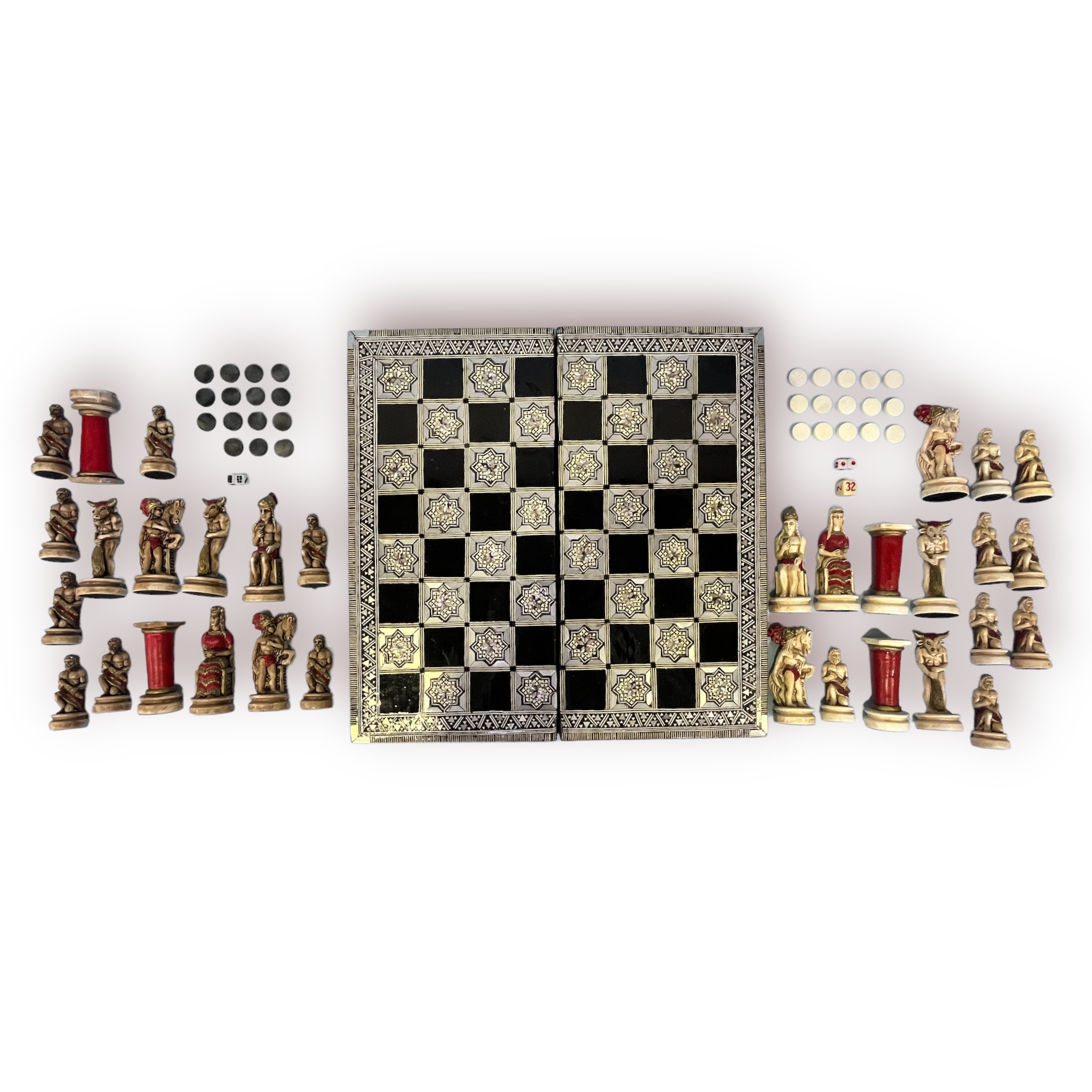 A resin chess set modelled as Grecian figures, mythical creatures and architecture, together with - Image 4 of 4