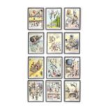After John Ireland advertisement, a set of twelve framed and glazed coloured caricature prints