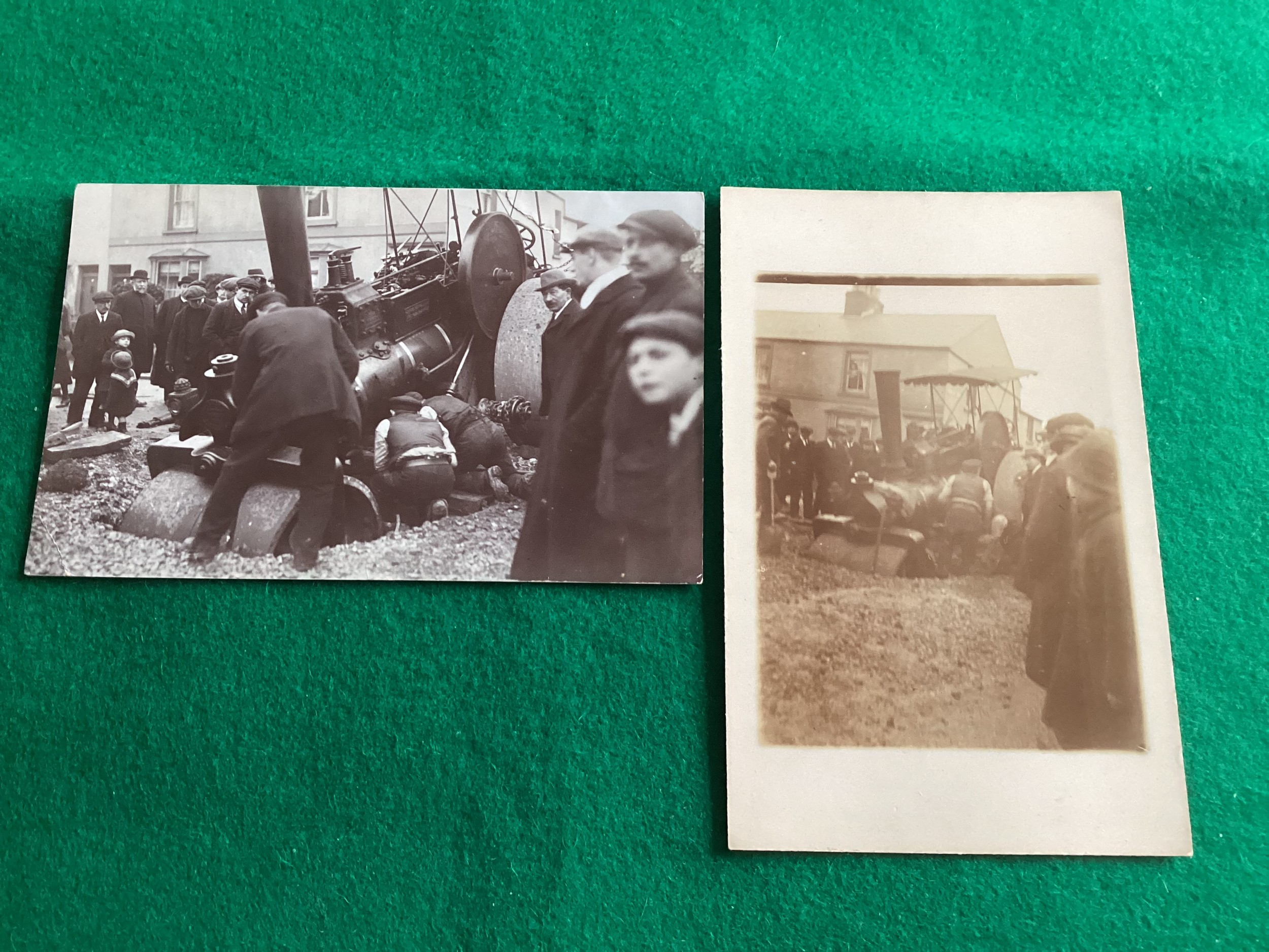 Two real photographic postcards of a steamroller/traction engine accident at Littlehampton in 1913/